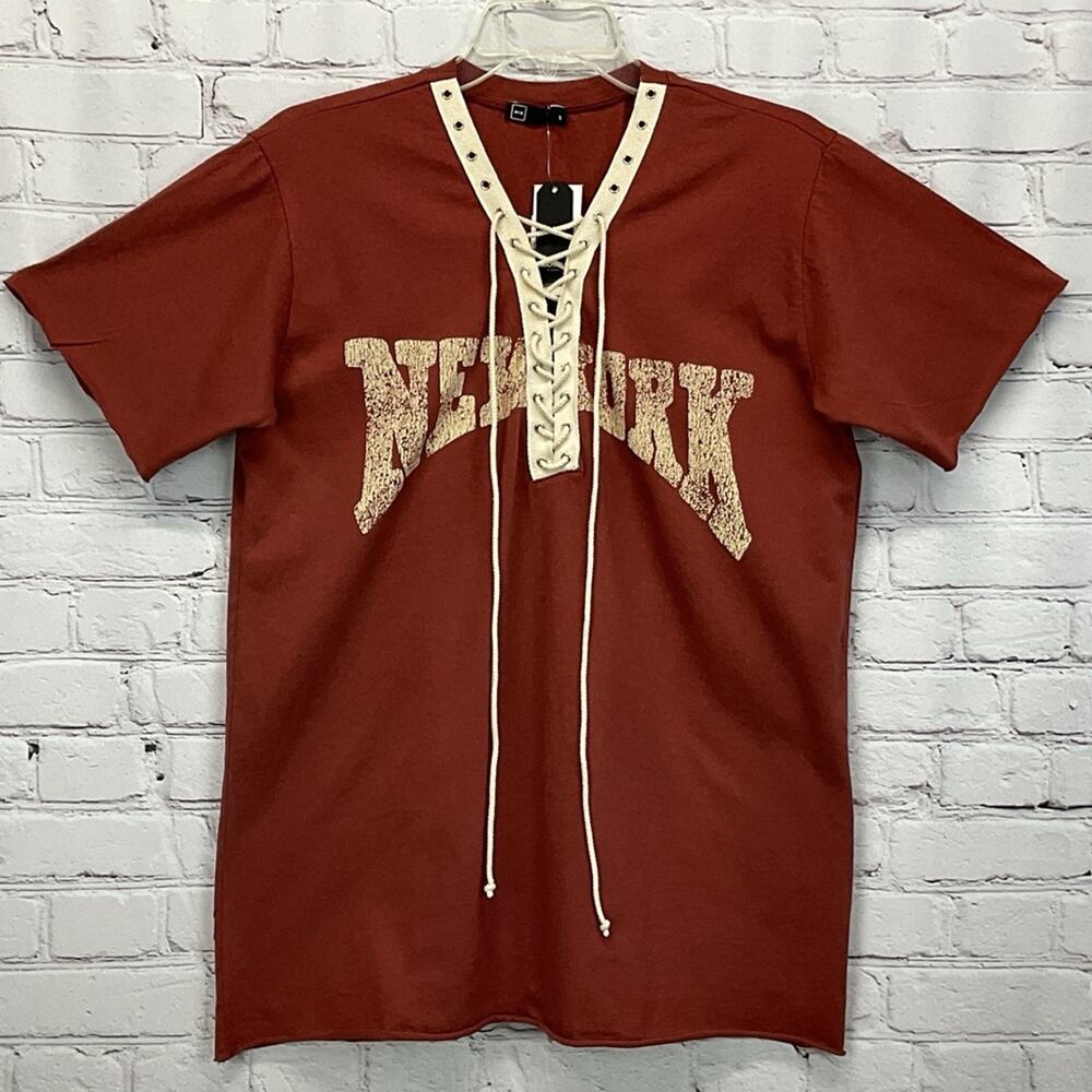 Michelle By Comune New York Top Women's Size S Brick/Rust Lace Up Raw Hem Casual